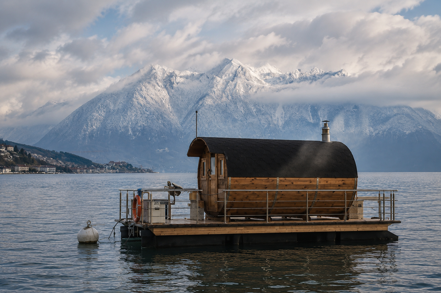 Sauna boat floating on Lake Geneva at dawn with the Alps in the background